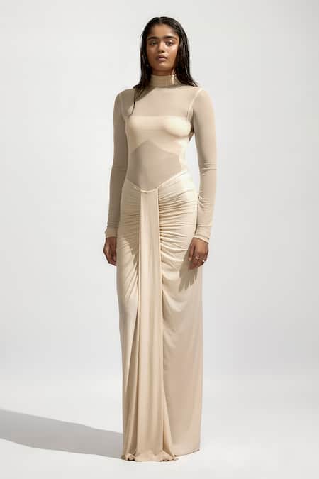 Deme By Gabriella Off White Net, Lycra Turtle Neck Solid Ruched Draped Maxi Dress 