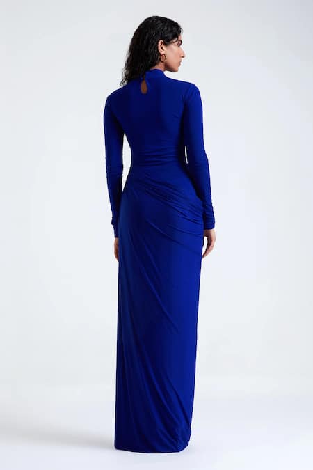 Shop_Deme By Gabriella_Blue Net, Maheshwari High Neck Sasha Drape Detailed Waist Gown _at_Aza_Fashions
