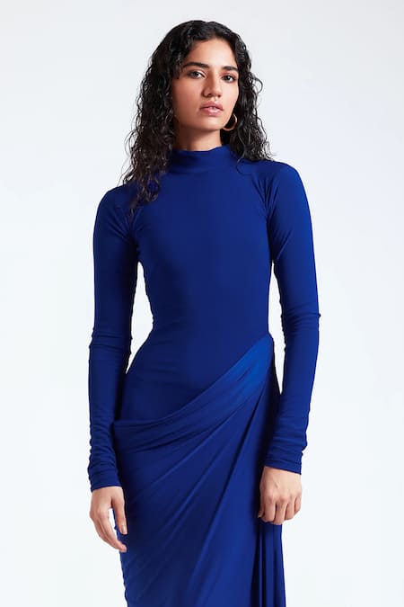 Deme By Gabriella_Blue Net, Maheshwari High Neck Sasha Drape Detailed Waist Gown _Online_at_Aza_Fashions