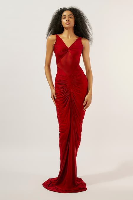 Deme By Gabriella_Maroon Net, Maheshwari Ruffles V-neck Mesh Paneled Ruched Gown _at_Aza_Fashions