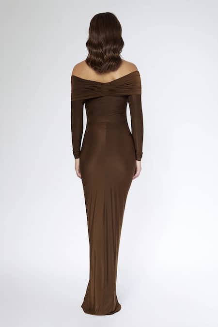 Shop_Deme By Gabriella_Brown Lycra Off-shoulder Ruched Off Dress _at_Aza_Fashions