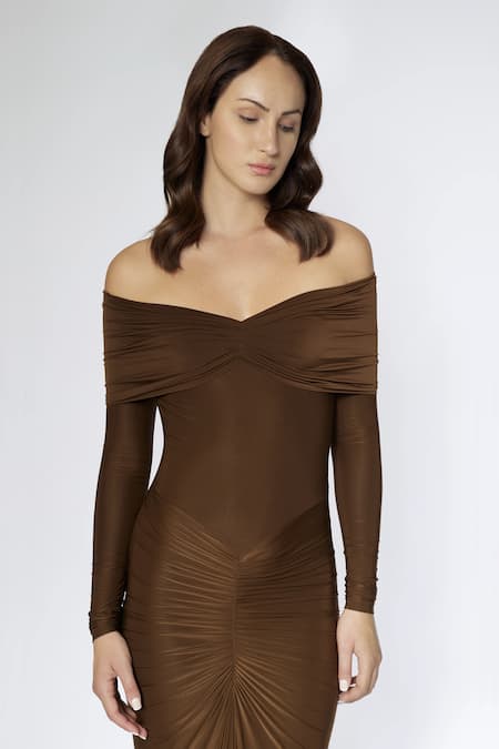 Deme By Gabriella_Brown Lycra Off-shoulder Ruched Off Dress _Online_at_Aza_Fashions