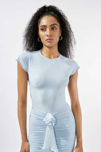 Deme By Gabriella_Blue Chiffon, Lycra Ruffles Round Neck Malai Ruched Gown _Online_at_Aza_Fashions