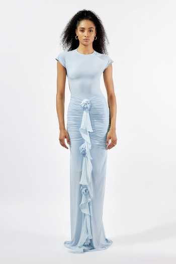 Shop_Deme By Gabriella_Blue Chiffon, Lycra Ruffles Round Neck Malai Ruched Gown _Online_at_Aza_Fashions