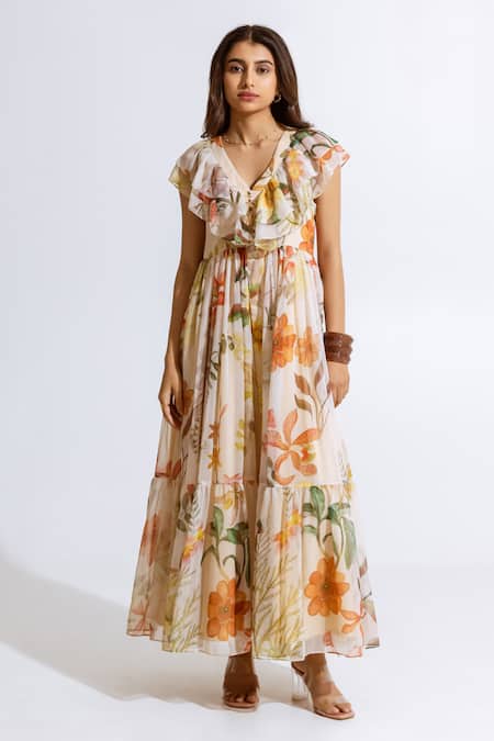 Aroop Shop India Beige Recycled Chiffon Floral V Neck Print Maxi Dress