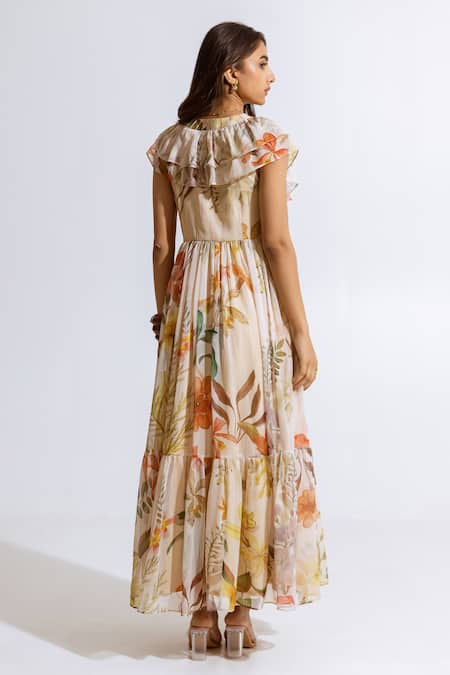 Shop Aroop Shop India Beige Recycled Chiffon Floral V Neck Print Maxi Dress at Aza Fashions Shop_Aroop Shop India_Beige Recycled Chiffon Floral V Neck Print Maxi Dress _at_Aza_Fashions