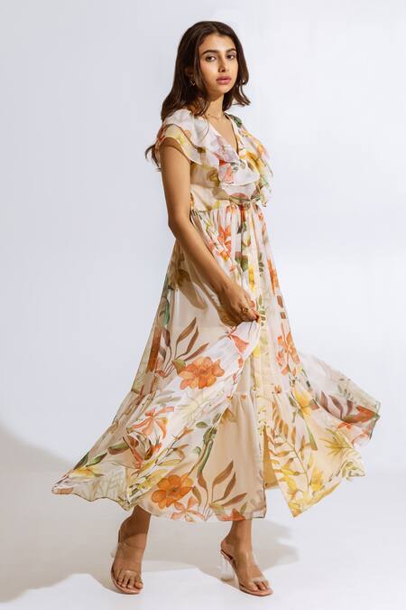 Shop Aroop Shop India Beige Recycled Chiffon Floral V Neck Print Maxi Dress Online at Aza Fashions Shop_Aroop Shop India_Beige Recycled Chiffon Floral V Neck Print Maxi Dress _Online_at_Aza_Fashions