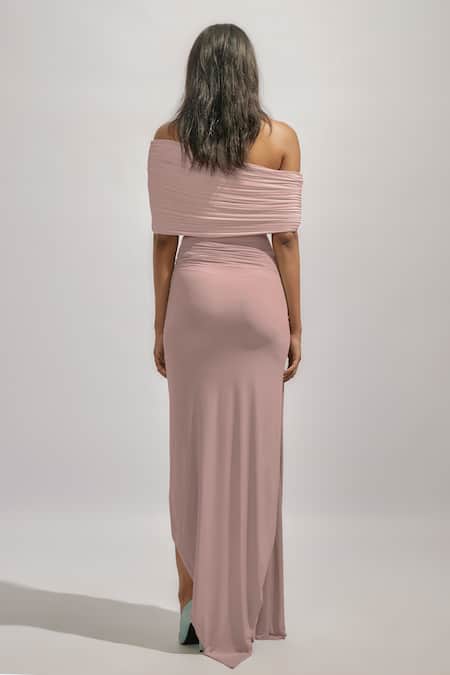 Shop Deme By Gabriella Pink Net Off-shoulder Alda Solid Ruched High-low Dress at Aza Fashions Shop_Deme By Gabriella_Pink Net Off-shoulder Alda Solid Ruched High-low Dress _at_Aza_Fashions