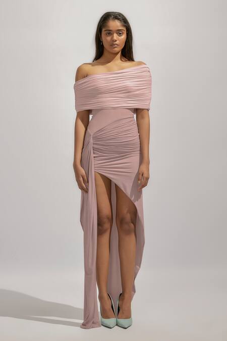 Deme By Gabriella Pink Net Off-shoulder Alda Solid Ruched High-low Dress Online at Aza Fashions Deme By Gabriella_Pink Net Off-shoulder Alda Solid Ruched High-low Dress _Online_at_Aza_Fashions