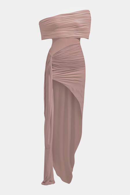 Buy Deme By Gabriella Pink Net Off-shoulder Alda Solid Ruched High-low Dress Online at Aza Fashions Buy_Deme By Gabriella_Pink Net Off-shoulder Alda Solid Ruched High-low Dress _Online_at_Aza_Fashions