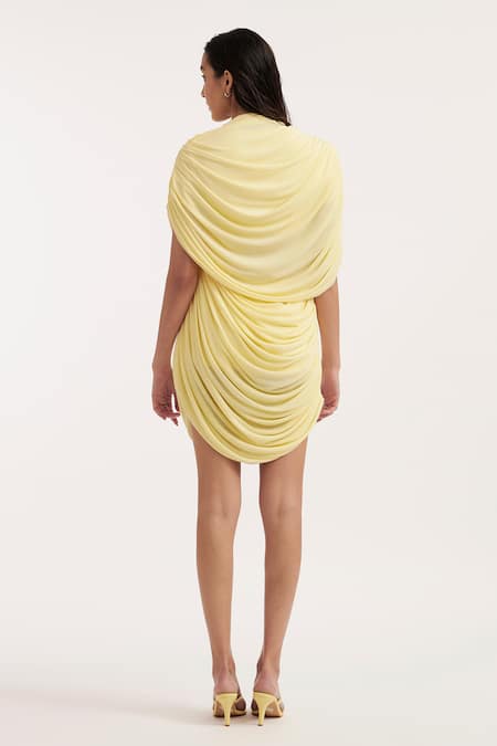 Shop_Deme By Gabriella_Yellow Net, Maheshwari Round Neck Natalia Solid Draped Dress _at_Aza_Fashions