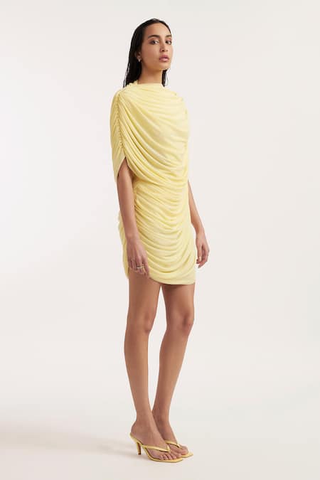 Deme By Gabriella_Yellow Net, Maheshwari Round Neck Natalia Solid Draped Dress _Online_at_Aza_Fashions