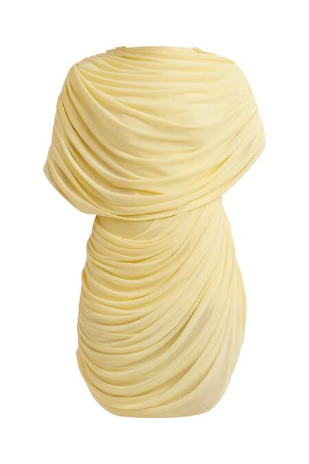 Buy_Deme By Gabriella_Yellow Net, Maheshwari Round Neck Natalia Solid Draped Dress _Online_at_Aza_Fashions