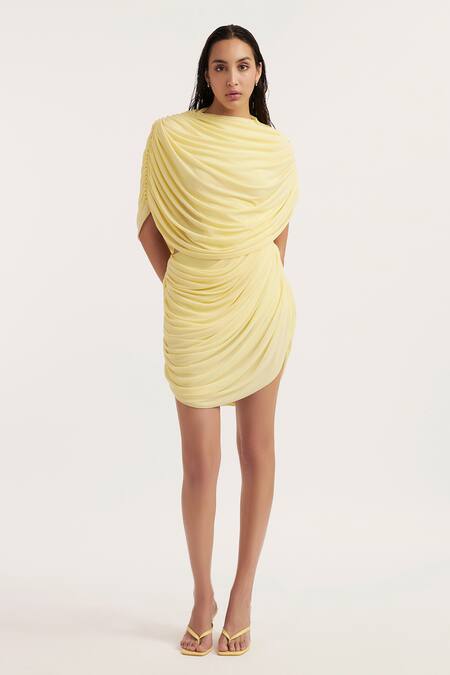 Shop_Deme By Gabriella_Yellow Net, Maheshwari Round Neck Natalia Solid Draped Dress _Online_at_Aza_Fashions