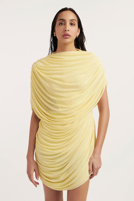 Deme By Gabriella_Yellow Net, Maheshwari Round Neck Natalia Solid Draped Dress _at_Aza_Fashions