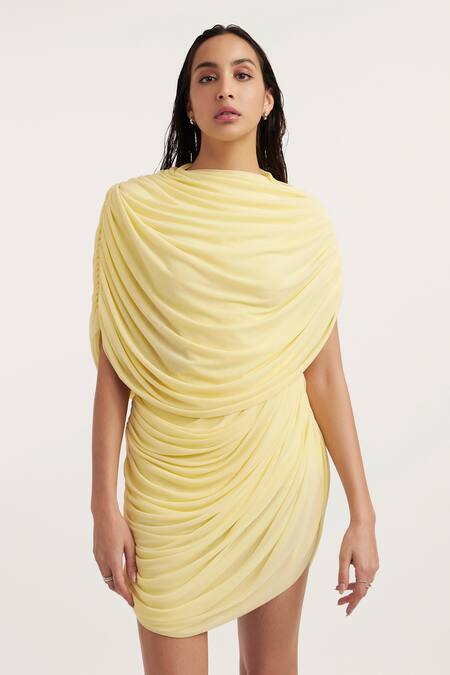 Buy_Deme By Gabriella_Yellow Net, Maheshwari Round Neck Natalia Solid Draped Dress 