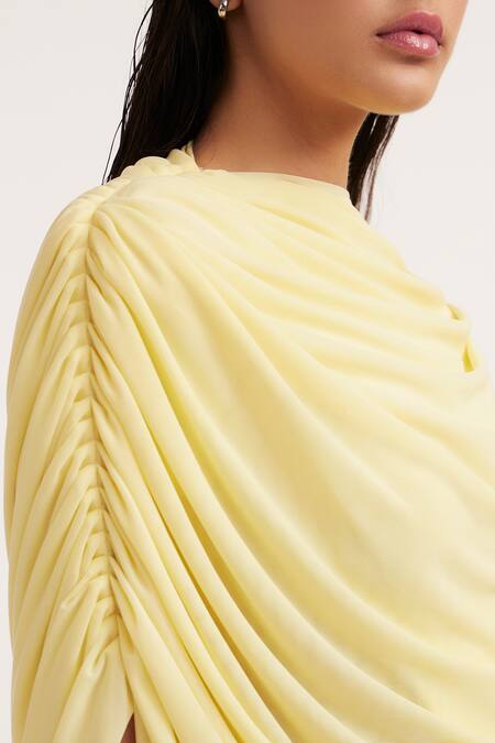 Shop_Deme By Gabriella_Yellow Net, Maheshwari Round Neck Natalia Solid Draped Dress 
