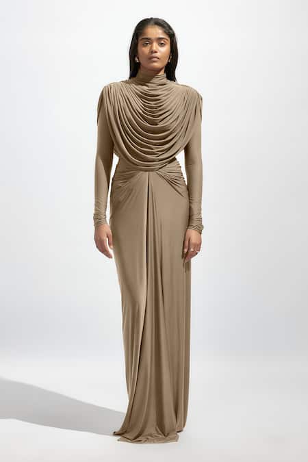 Deme By Gabriella Purple Net, Maheshwari Cowl Neck Solid Dress 