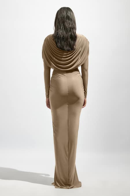 Deme By Gabriella Purple Net, Maheshwari Cowl Neck Solid Dress Online at Aza Fashions Deme By Gabriella_Purple Net, Maheshwari Cowl Neck Solid Dress _Online_at_Aza_Fashions