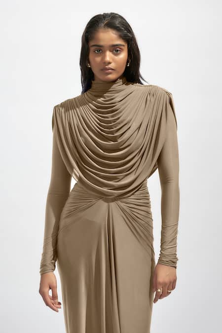 Buy Deme By Gabriella Purple Net, Maheshwari Cowl Neck Solid Dress Online at Aza Fashions Buy_Deme By Gabriella_Purple Net, Maheshwari Cowl Neck Solid Dress _Online_at_Aza_Fashions