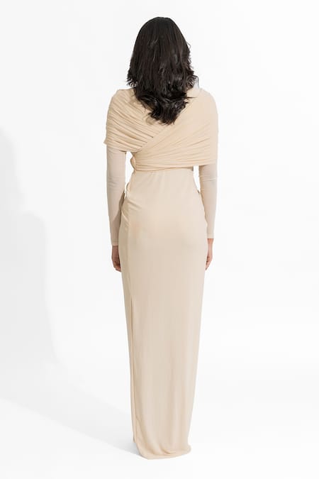 Deme By Gabriella Beige Net, Maheshwari Round Neck Amelia Plain Draped Dress Online at Aza Fashions Deme By Gabriella_Beige Net, Maheshwari Round Neck Amelia Plain Draped Dress _Online_at_Aza_Fashions