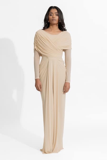 Buy Deme By Gabriella Beige Net, Maheshwari Round Neck Amelia Plain Draped Dress Online at Aza Fashions Buy_Deme By Gabriella_Beige Net, Maheshwari Round Neck Amelia Plain Draped Dress _Online_at_Aza_Fashions