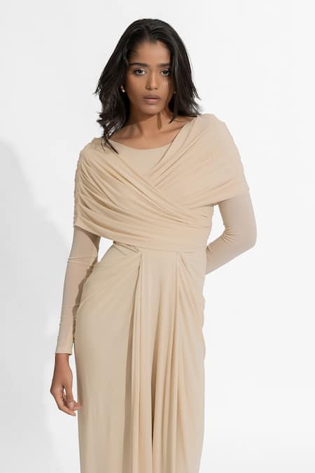 Shop Deme By Gabriella Beige Net, Maheshwari Round Neck Amelia Plain Draped Dress Online at Aza Fashions Shop_Deme By Gabriella_Beige Net, Maheshwari Round Neck Amelia Plain Draped Dress _Online_at_Aza_Fashions
