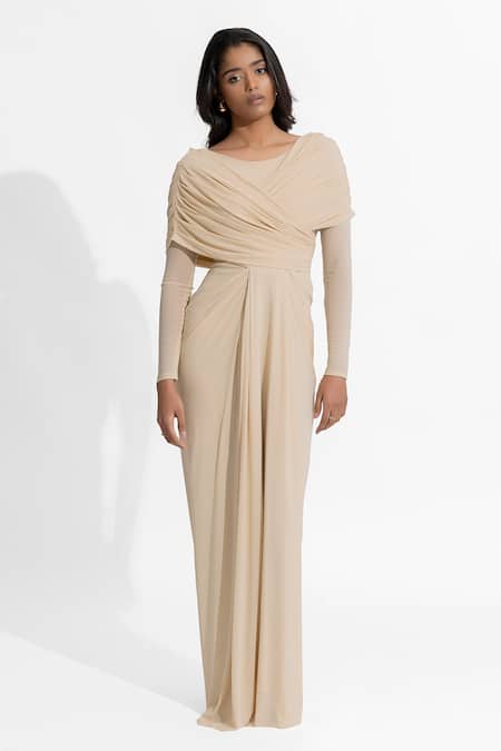 Deme By Gabriella Beige Net, Maheshwari Round Neck Amelia Plain Draped Dress at Aza Fashions Deme By Gabriella_Beige Net, Maheshwari Round Neck Amelia Plain Draped Dress _at_Aza_Fashions