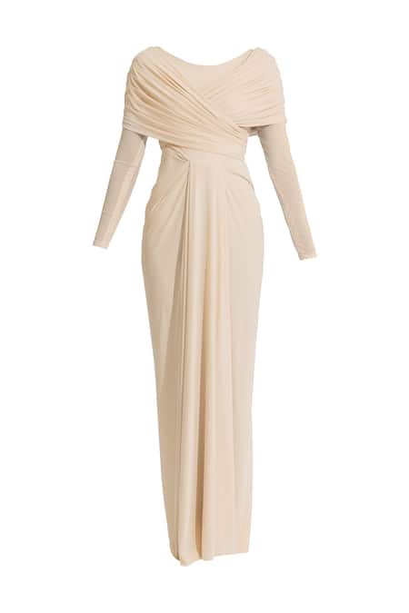 Buy Deme By Gabriella Beige Net, Maheshwari Round Neck Amelia Plain Draped Dress Buy_Deme By Gabriella_Beige Net, Maheshwari Round Neck Amelia Plain Draped Dress