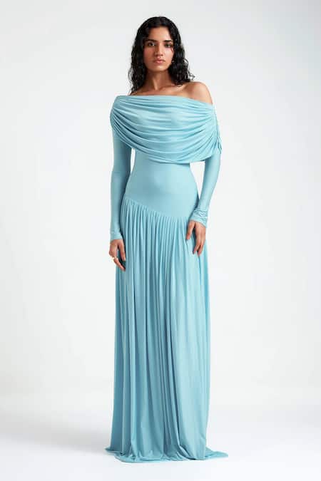 Deme By Gabriella Blue Lycra Off-shoulder Annie Drop Waist Pleated Gown