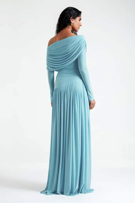 Deme By Gabriella_Blue Lycra Off-shoulder Annie Drop Waist Pleated Gown _Online_at_Aza_Fashions