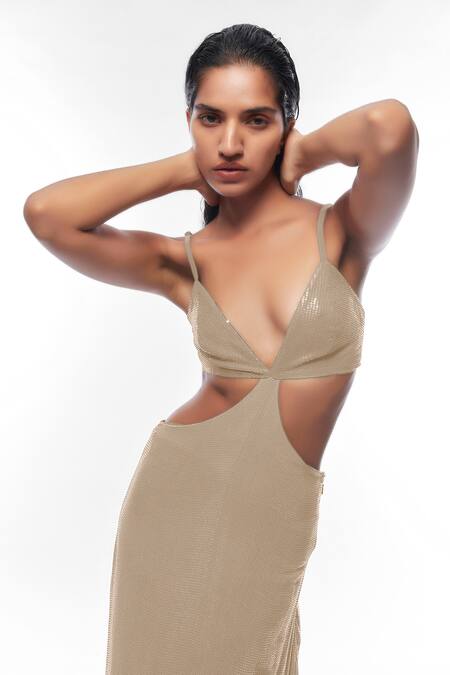 Deme By Gabriella Grey Georgette Sequins V-neck Strappy Embellished Gown Online at Aza Fashions Deme By Gabriella_Grey Georgette Sequins V-neck Strappy Embellished Gown _Online_at_Aza_Fashions