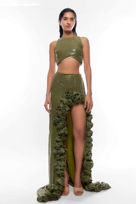 Deme By Gabriella Green Georgette, Chiffon Sequins, Embellished Crop Top And Side Slit Skirt Set 
