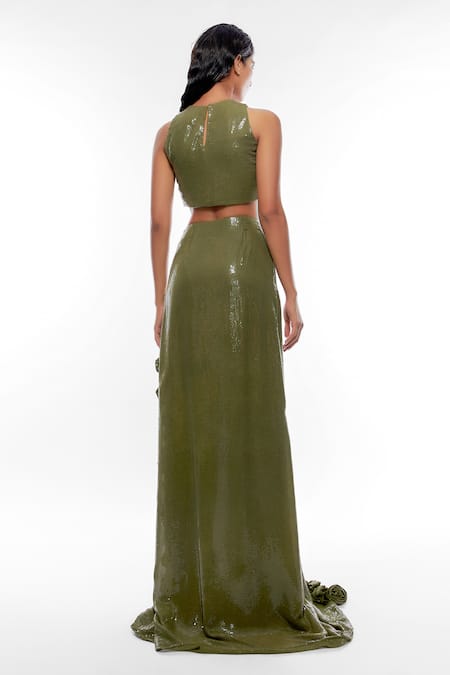 Shop_Deme By Gabriella_Green Georgette, Chiffon Sequins, Embellished Crop Top And Side Slit Skirt Set _at_Aza_Fashions