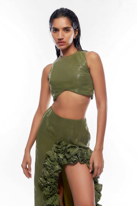 Deme By Gabriella_Green Georgette, Chiffon Sequins, Embellished Crop Top And Side Slit Skirt Set _Online_at_Aza_Fashions