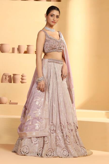Meenagurnam Purple Tissue, Linen Sequins, Rosette Bloom Cutwork Pattern Lehenga Set Online at Aza Fashions Meenagurnam_Purple Tissue, Linen Sequins, Rosette Bloom Cutwork Pattern Lehenga Set _Online_at_Aza_Fashions
