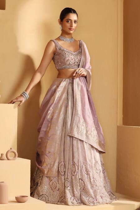 Shop Meenagurnam Purple Tissue, Linen Sequins, Rosette Bloom Cutwork Pattern Lehenga Set Online at Aza Fashions Shop_Meenagurnam_Purple Tissue, Linen Sequins, Rosette Bloom Cutwork Pattern Lehenga Set _Online_at_Aza_Fashions
