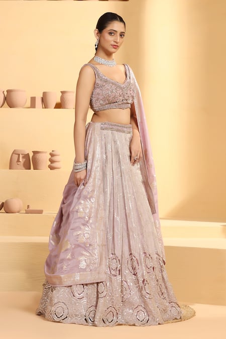 Meenagurnam Purple Tissue, Linen Sequins, Rosette Bloom Cutwork Pattern Lehenga Set 