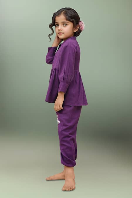 Petite Pomme_Purple Cotton Embroidery Flamingo Charm Peplum Set _at_Aza_Fashions
