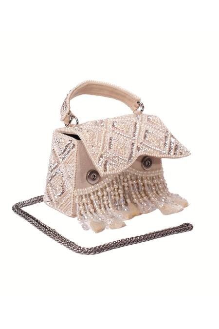 House Of Kosha Ivory Sequins, Tassels Elara Suede Embellished Box Bag Online at Aza Fashions House Of Kosha_Ivory Sequins, Tassels Elara Suede Embellished Box Bag _Online_at_Aza_Fashions