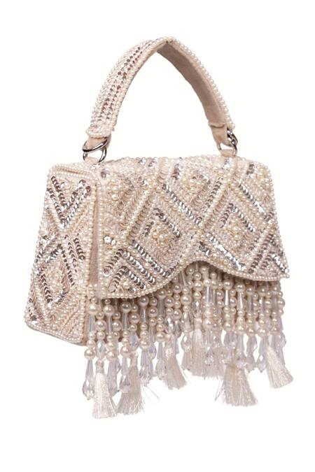Buy House Of Kosha Ivory Sequins, Tassels Elara Suede Embellished Box Bag Online at Aza Fashions Buy_House Of Kosha_Ivory Sequins, Tassels Elara Suede Embellished Box Bag _Online_at_Aza_Fashions