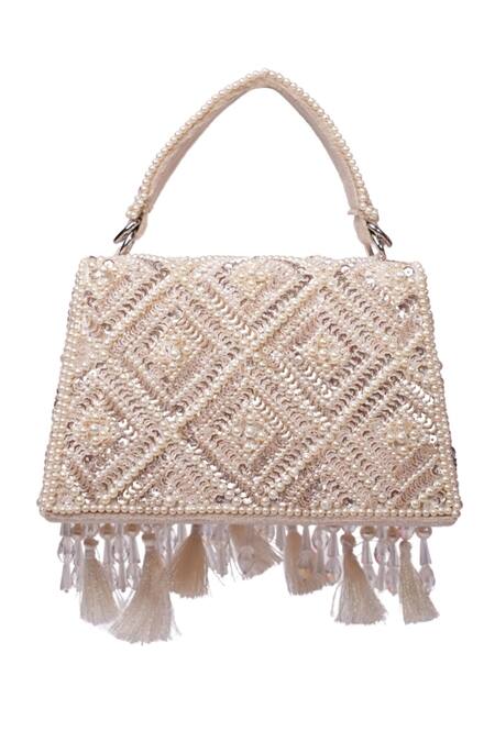 Shop House Of Kosha Ivory Sequins, Tassels Elara Suede Embellished Box Bag Online at Aza Fashions Shop_House Of Kosha_Ivory Sequins, Tassels Elara Suede Embellished Box Bag _Online_at_Aza_Fashions