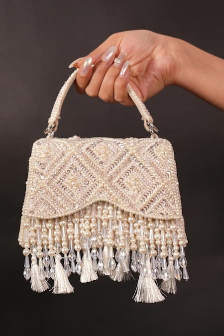 Shop House Of Kosha Ivory Sequins, Tassels Elara Suede Embellished Box Bag at Aza Fashions Shop_House Of Kosha_Ivory Sequins, Tassels Elara Suede Embellished Box Bag _at_Aza_Fashions