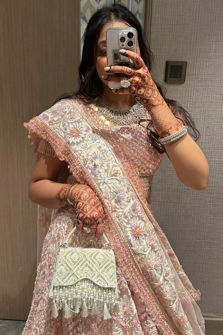 House Of Kosha Ivory Sequins, Tassels Elara Suede Embellished Box Bag 