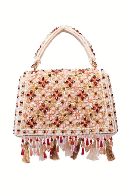 Buy_House Of Kosha_Multi Color Beads, Tassels Elara Suede Box Bag _Online_at_Aza_Fashions