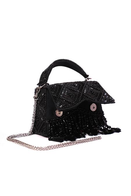 Shop House Of Kosha Black Sequins, Beads, Tassels Elara Suede Embellished Box Bag at Aza Fashions Shop_House Of Kosha_Black Sequins, Beads, Tassels Elara Suede Embellished Box Bag _at_Aza_Fashions