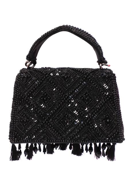 House Of Kosha Black Sequins, Beads, Tassels Elara Suede Embellished Box Bag Online at Aza Fashions House Of Kosha_Black Sequins, Beads, Tassels Elara Suede Embellished Box Bag _Online_at_Aza_Fashions