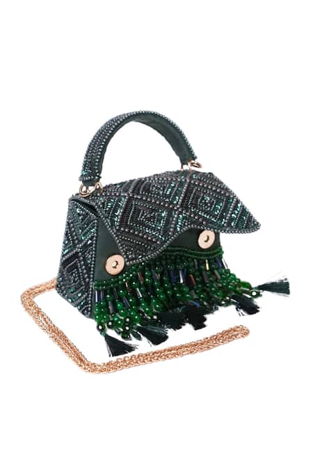 House Of Kosha Green Sequins, Beads, Tassels Elara Suede Box Bag Online at Aza Fashions House Of Kosha_Green Sequins, Beads, Tassels Elara Suede Box Bag _Online_at_Aza_Fashions