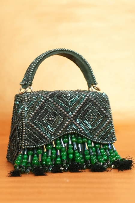 Shop House Of Kosha Green Sequins, Beads, Tassels Elara Suede Box Bag at Aza Fashions Shop_House Of Kosha_Green Sequins, Beads, Tassels Elara Suede Box Bag _at_Aza_Fashions