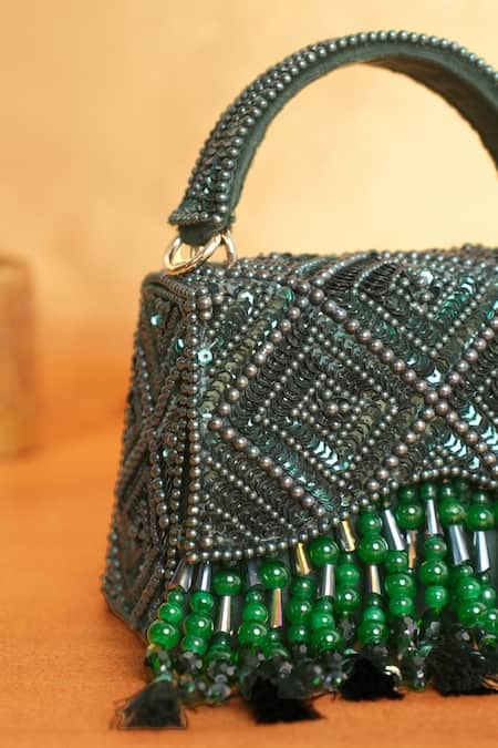 Buy House Of Kosha Green Sequins, Beads, Tassels Elara Suede Box Bag Online at Aza Fashions Buy_House Of Kosha_Green Sequins, Beads, Tassels Elara Suede Box Bag _Online_at_Aza_Fashions